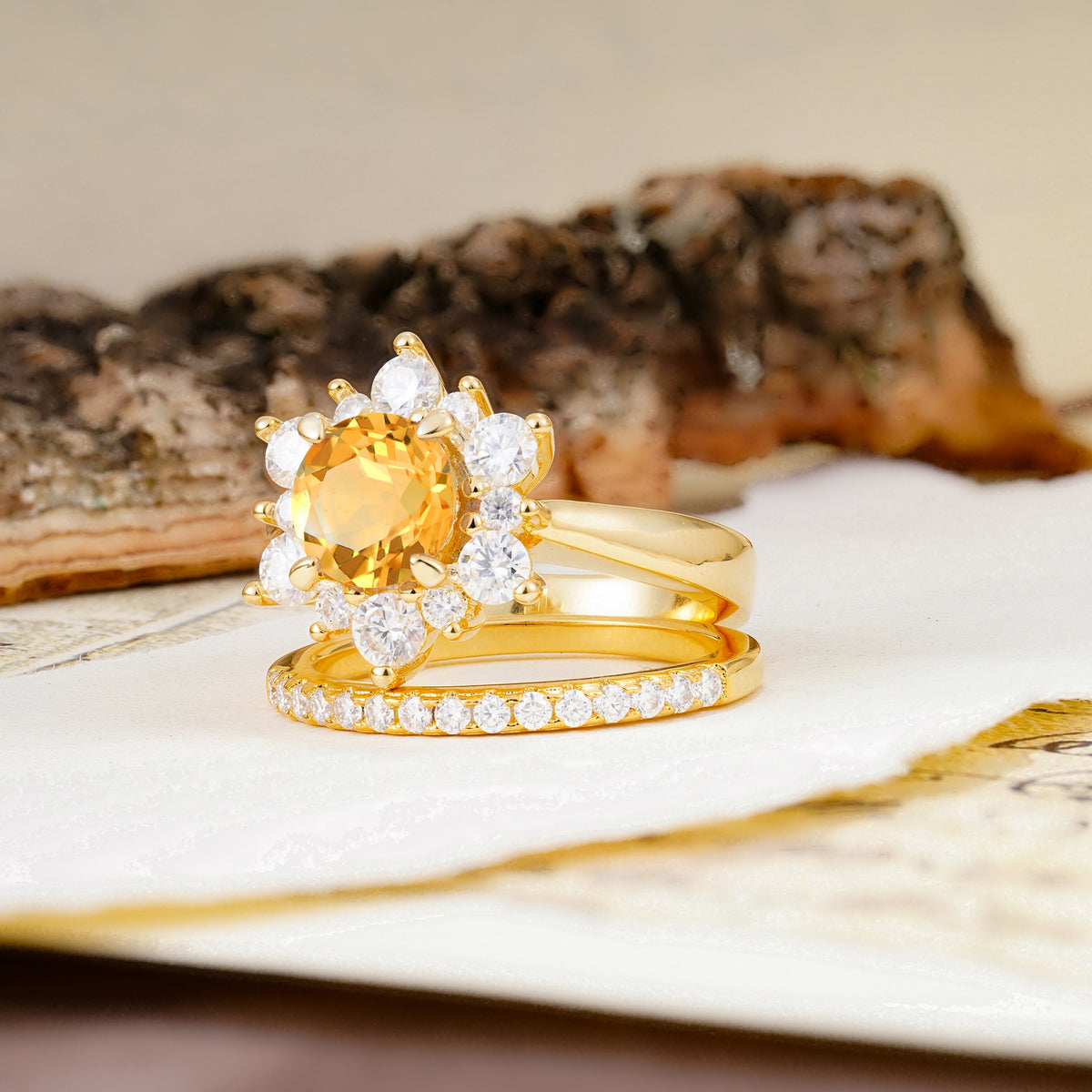 Natural Inspiration Flower Shape 4-Prong Round Cut Citrine Wedding Bride Ring Set - Additional view