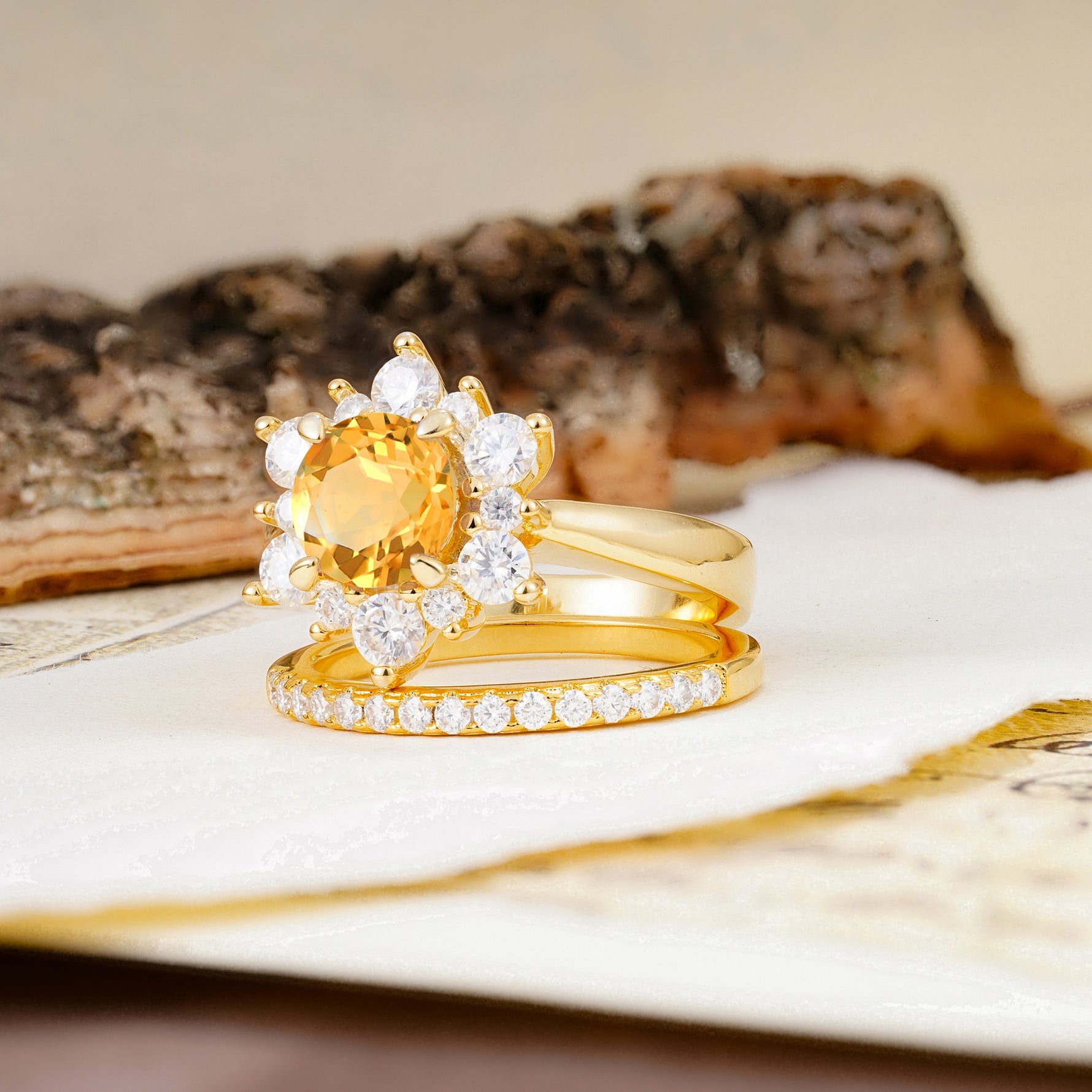 Natural Inspiration Flower Shape 4-Prong Round Cut Citrine Wedding Bride Ring Set - Additional view
