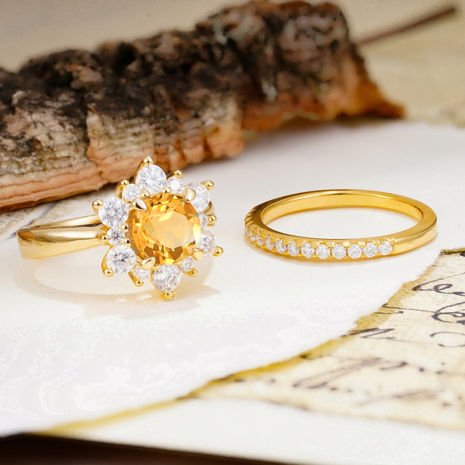 Natural Inspiration Flower Shape 4-Prong Round Cut Citrine Wedding Bride Ring Set - Additional view