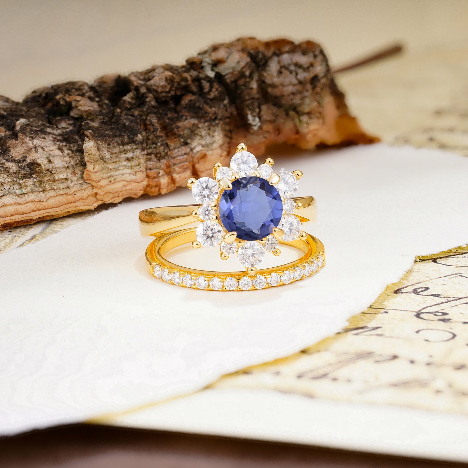Natural Inspiration Flower Shape 4-Prong Round Cut Tanzanite Wedding Bride Ring Set - Additional view