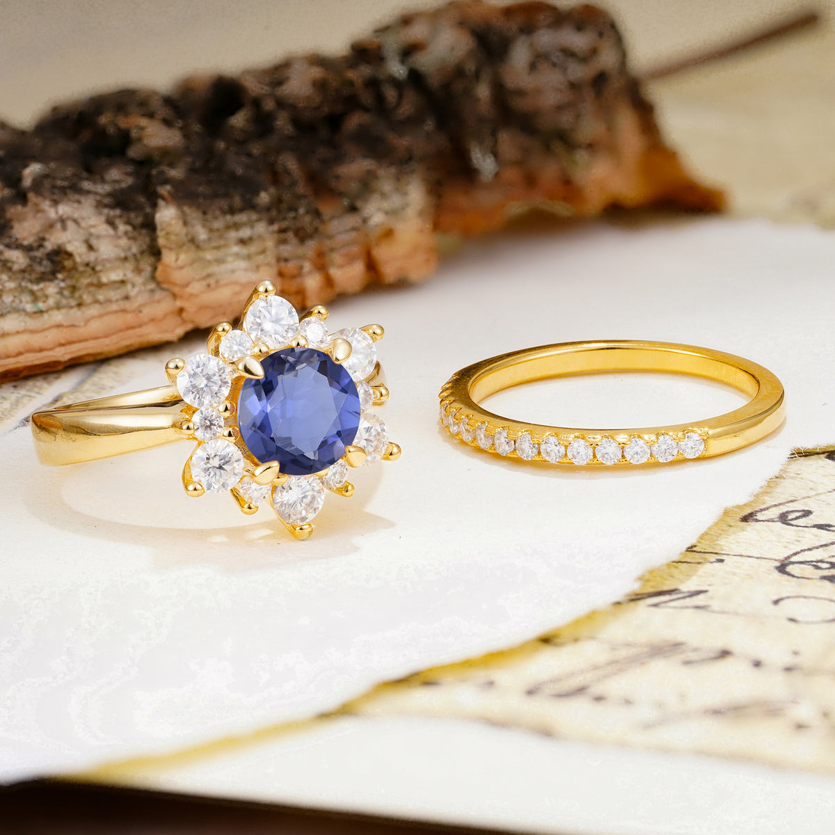 Natural Inspiration Flower Shape 4-Prong Round Cut Tanzanite Wedding Bride Ring Set - Additional view