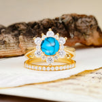 Natural Inspiration Flower Shape 4-Prong Round Cut Turquoise Wedding Bride Ring Set - Additional view
