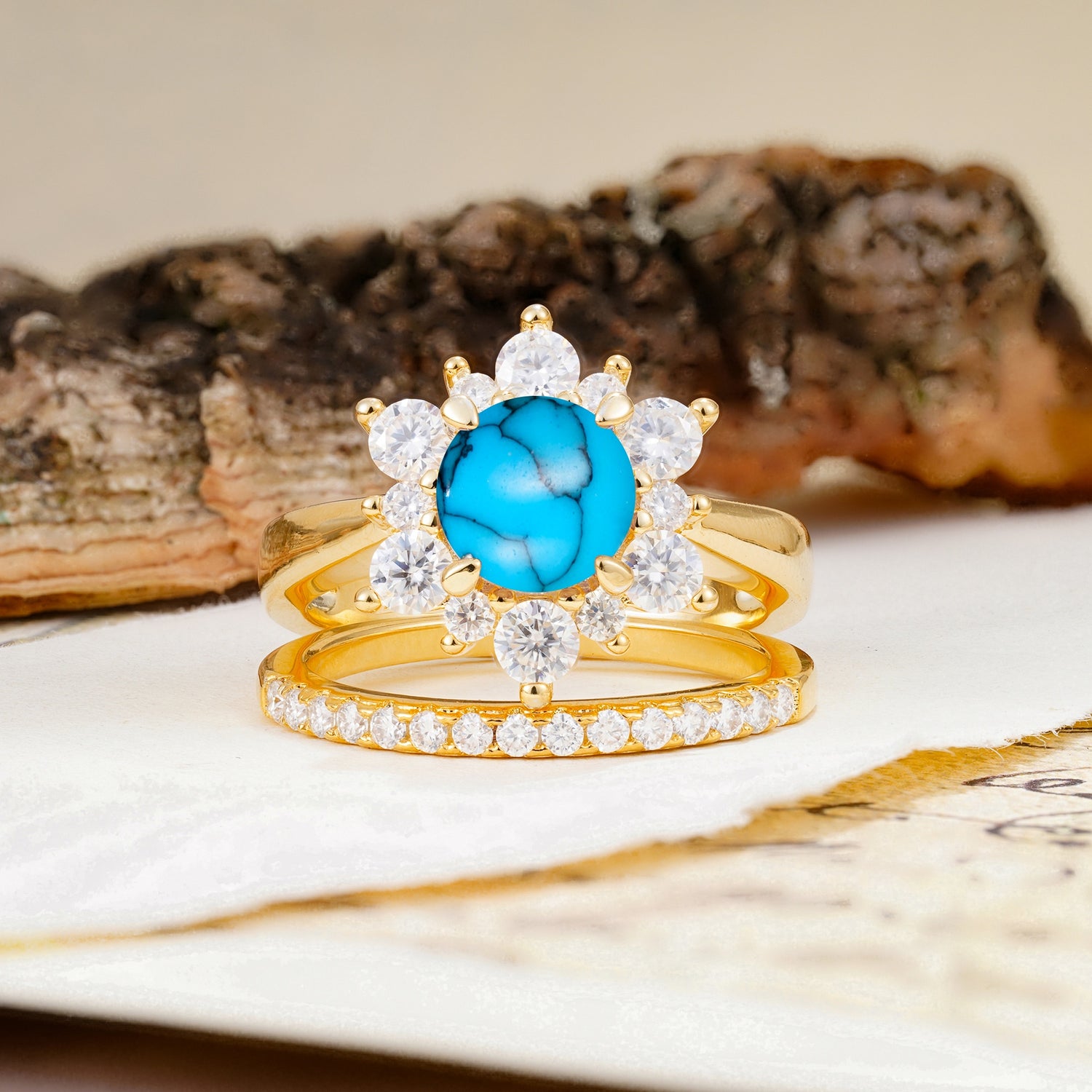 Natural Inspiration Flower Shape 4-Prong Round Cut Turquoise Wedding Bride Ring Set - Additional view