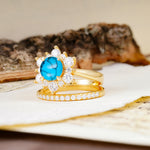 Natural Inspiration Flower Shape 4-Prong Round Cut Turquoise Wedding Bride Ring Set - Additional view