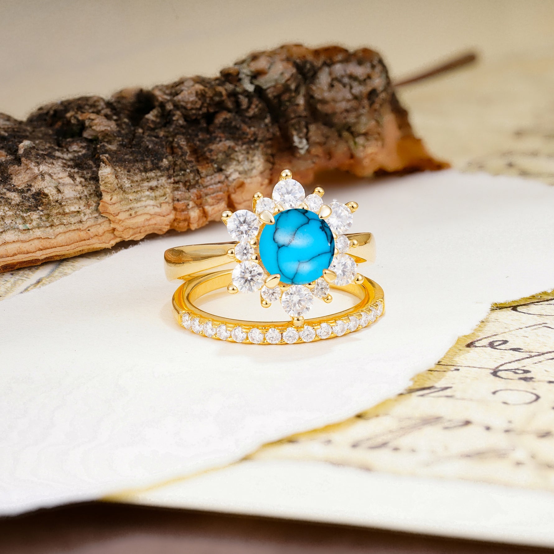 Natural Inspiration Flower Shape 4-Prong Round Cut Turquoise Wedding Bride Ring Set - Additional view