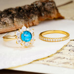 Natural Inspiration Flower Shape 4-Prong Round Cut Turquoise Wedding Bride Ring Set - Additional view