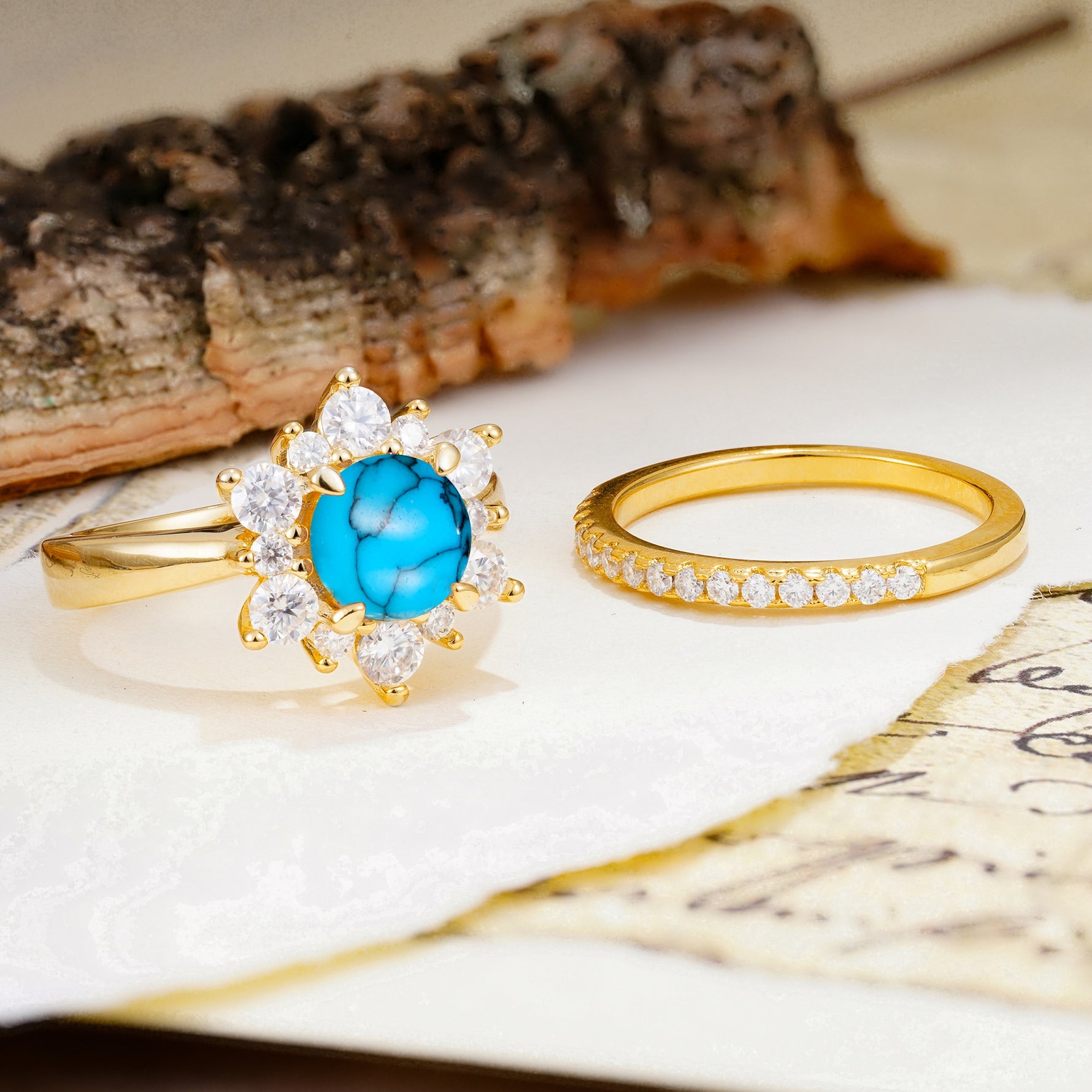 Natural Inspiration Flower Shape 4-Prong Round Cut Turquoise Wedding Bride Ring Set - Additional view