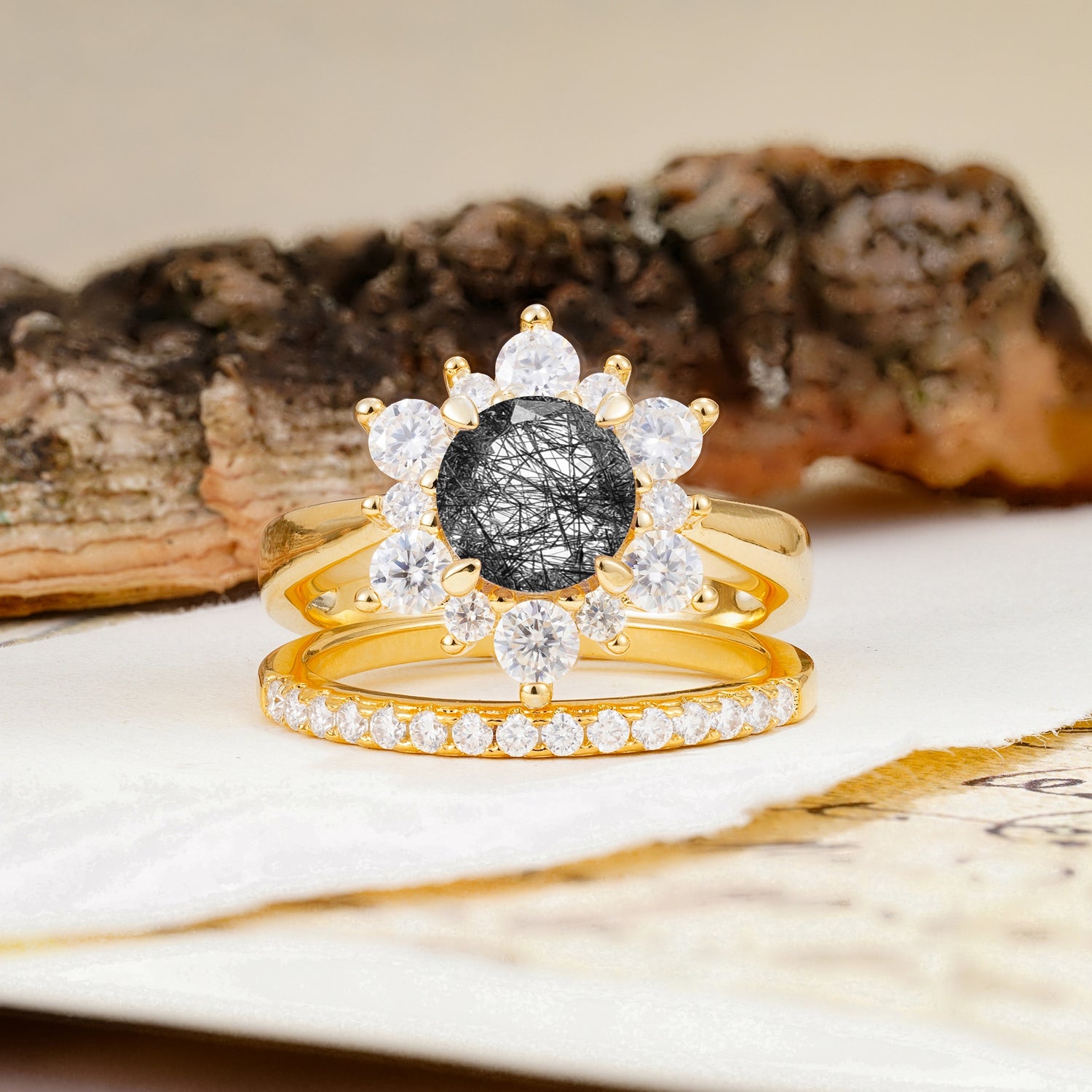Natural Inspiration Flower Shape 4-Prong Round Cut Black Rutilated Quartz Wedding Bride Ring Set - Additional view