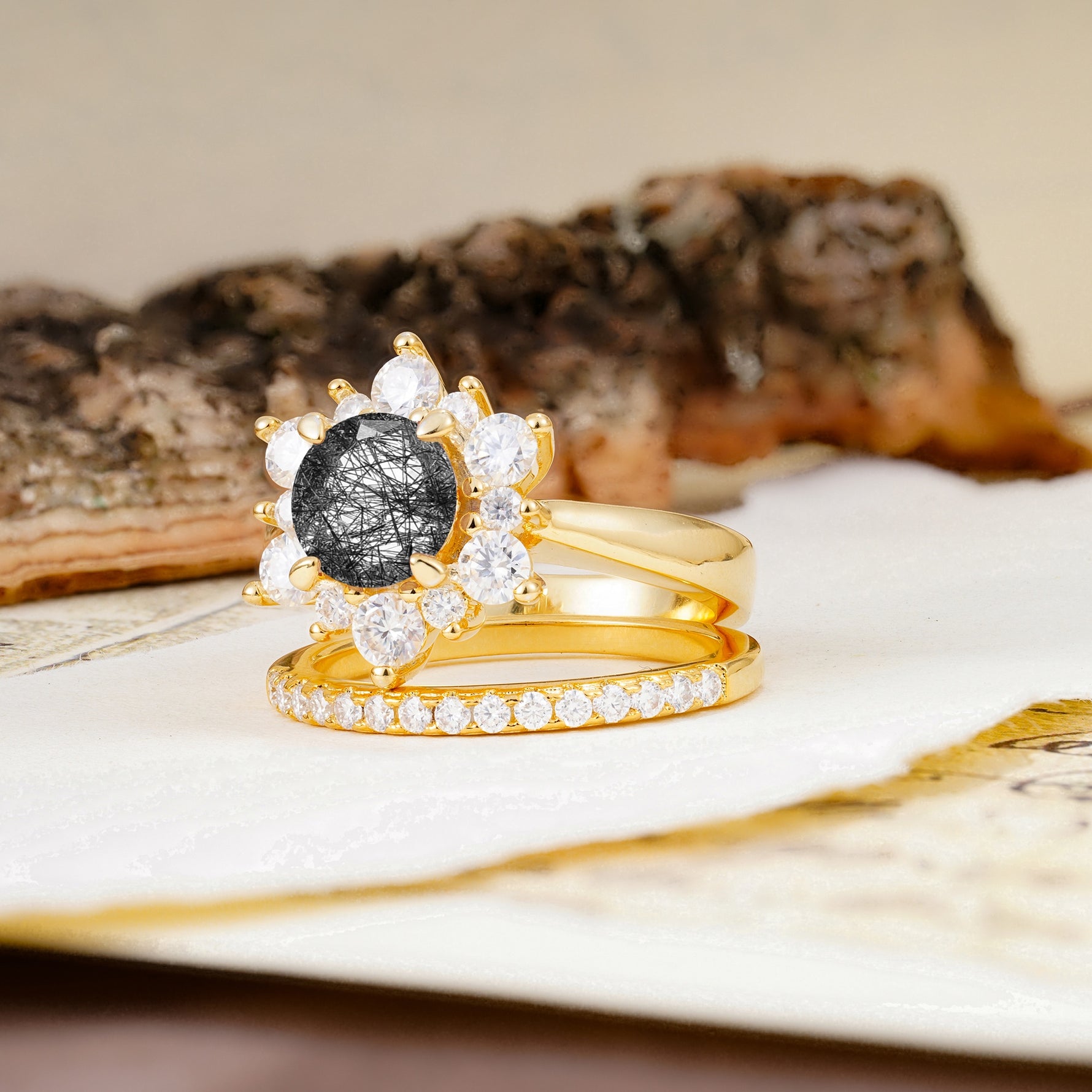 Natural Inspiration Flower Shape 4-Prong Round Cut Black Rutilated Quartz Wedding Bride Ring Set - Additional view