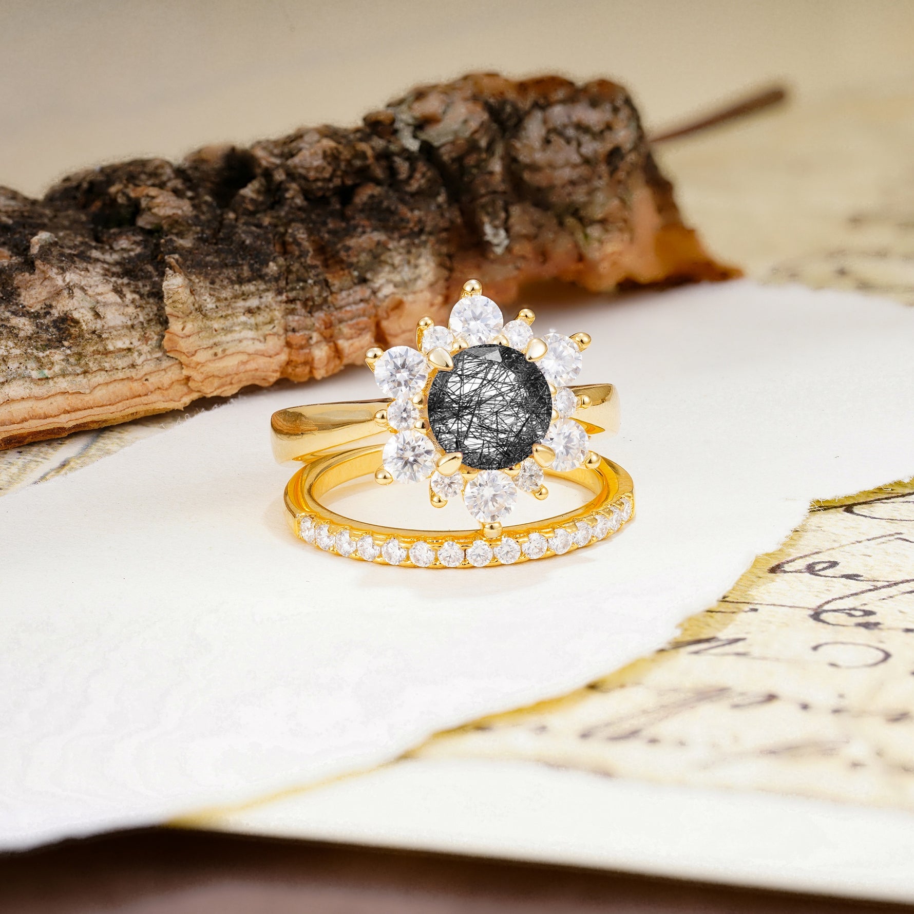 Natural Inspiration Flower Shape 4-Prong Round Cut Black Rutilated Quartz Wedding Bride Ring Set - Additional view