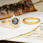 Natural Inspiration Flower Shape 4-Prong Round Cut Black Rutilated Quartz Wedding Bride Ring Set - Additional view