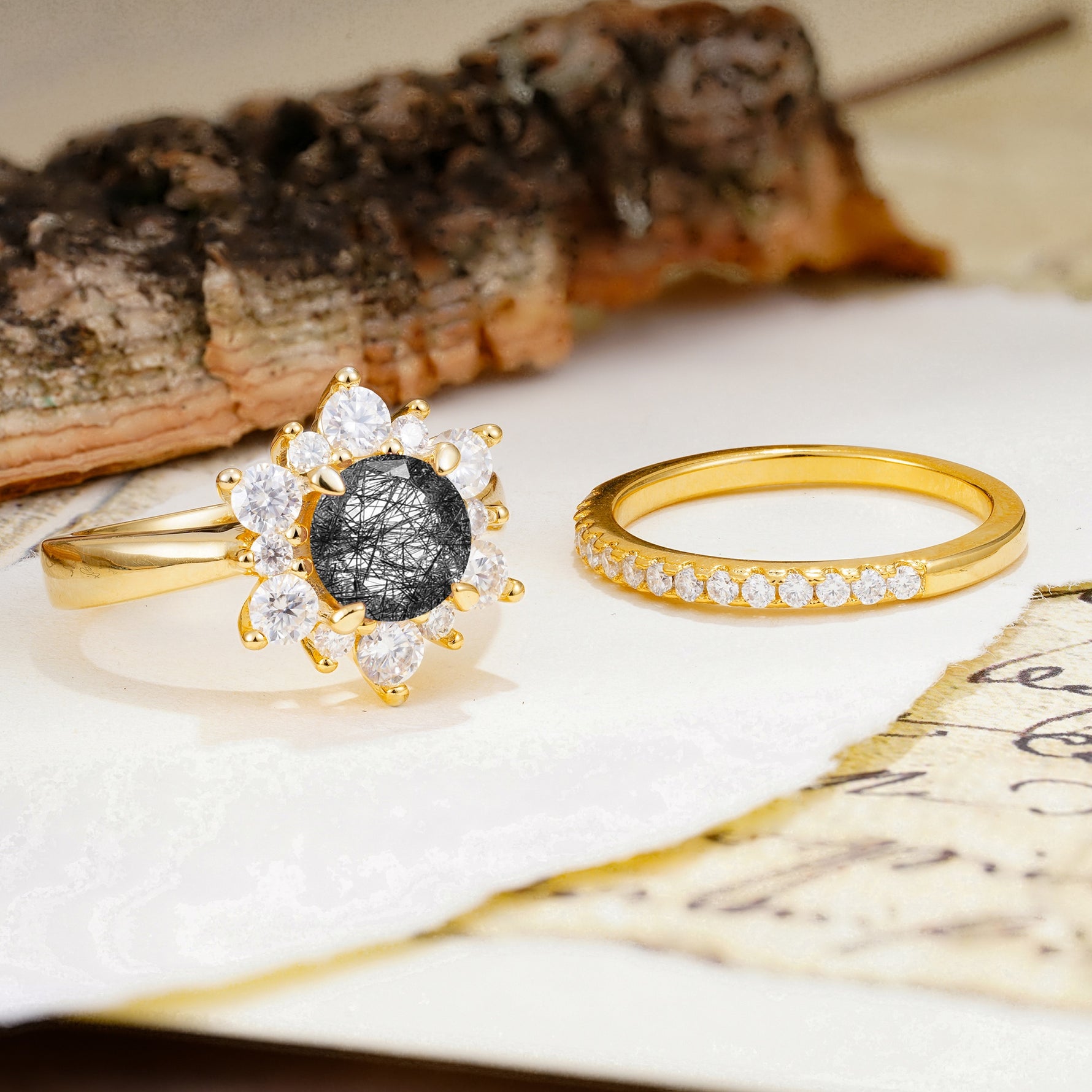 Natural Inspiration Flower Shape 4-Prong Round Cut Black Rutilated Quartz Wedding Bride Ring Set - Additional view