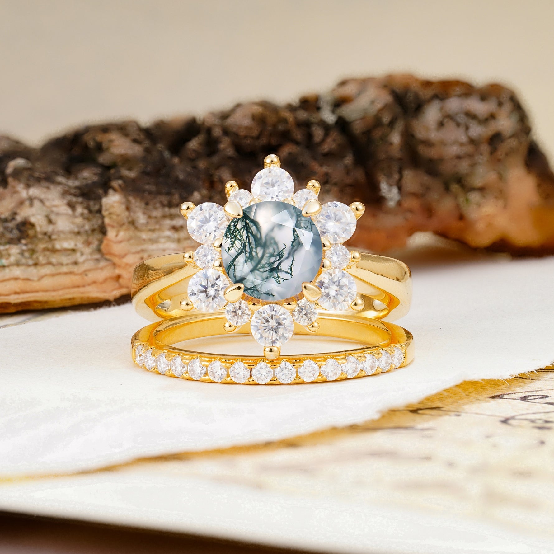 Natural Inspiration Flower Shape 4-Prong Round Cut Moss Agate Wedding Bride Ring Set - Additional view