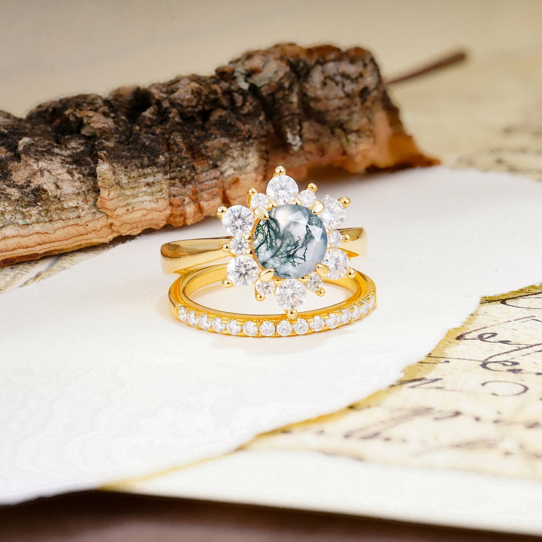 Natural Inspiration Flower Shape 4-Prong Round Cut Moss Agate Wedding Bride Ring Set - Additional view