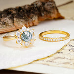 Natural Inspiration Flower Shape 4-Prong Round Cut Moss Agate Wedding Bride Ring Set - Additional view