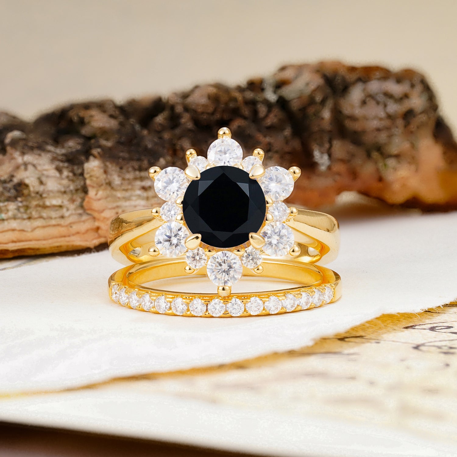 Natural Inspiration Flower Shape 4-Prong Round Cut Black Onyx Wedding Bride Ring Set - Additional view