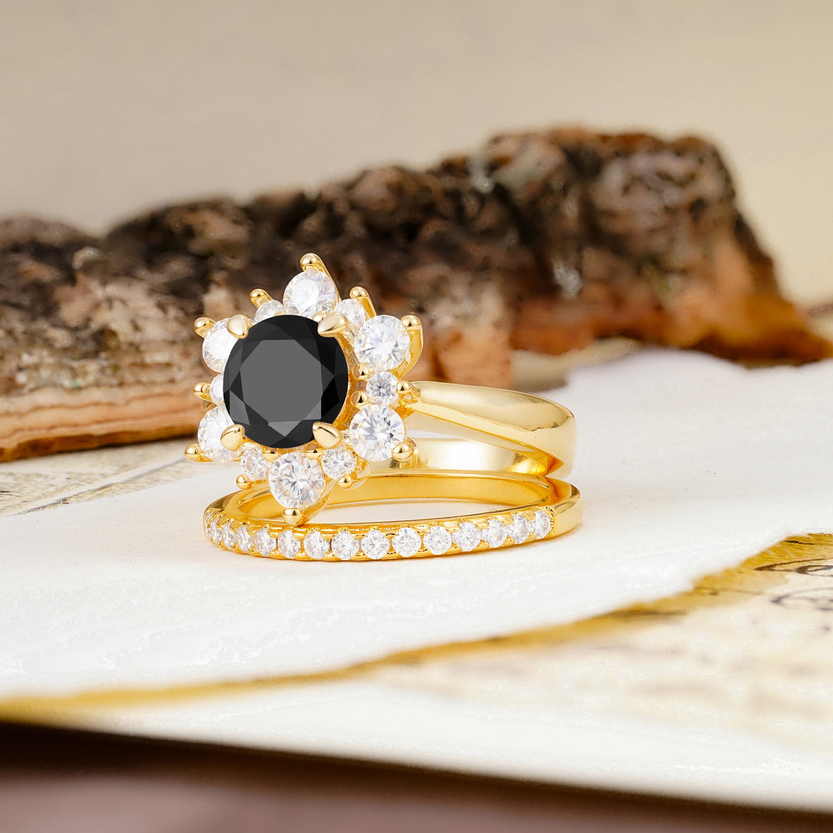 Natural Inspiration Flower Shape 4-Prong Round Cut Black Onyx Wedding Bride Ring Set - Additional view