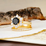 Natural Inspiration Flower Shape 4-Prong Round Cut Black Onyx Wedding Bride Ring Set - Additional view