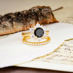 Natural Inspiration Flower Shape 4-Prong Round Cut Black Onyx Wedding Bride Ring Set - Additional view