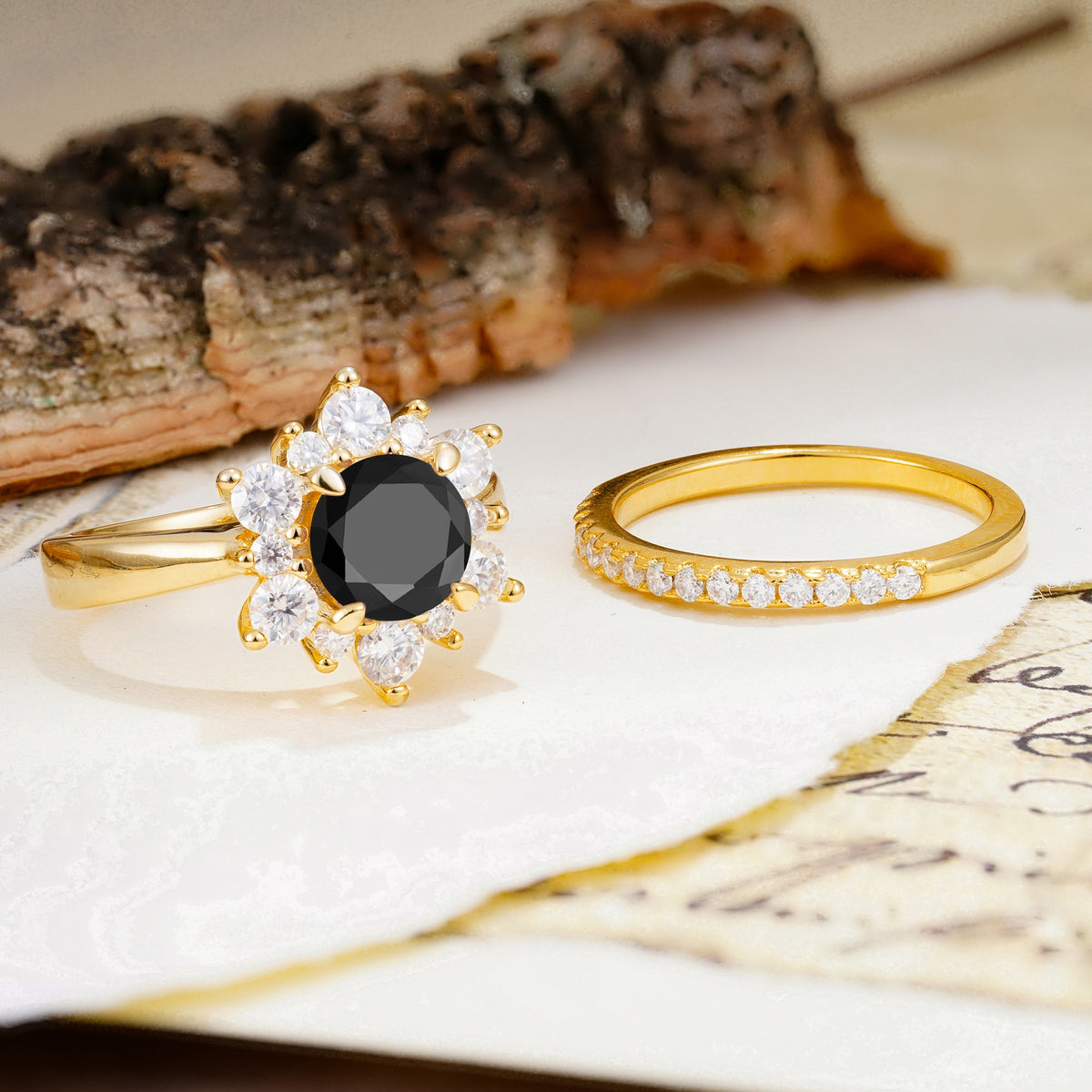 Natural Inspiration Flower Shape 4-Prong Round Cut Black Onyx Wedding Bride Ring Set - Additional view