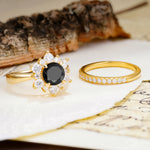 Natural Inspiration Flower Shape 4-Prong Round Cut Black Onyx Wedding Bride Ring Set - Additional view
