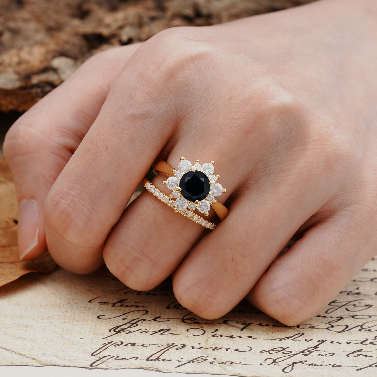 Natural Inspiration Flower Shape 4-Prong Round Cut Black Onyx Wedding Bride Ring Set - Additional view