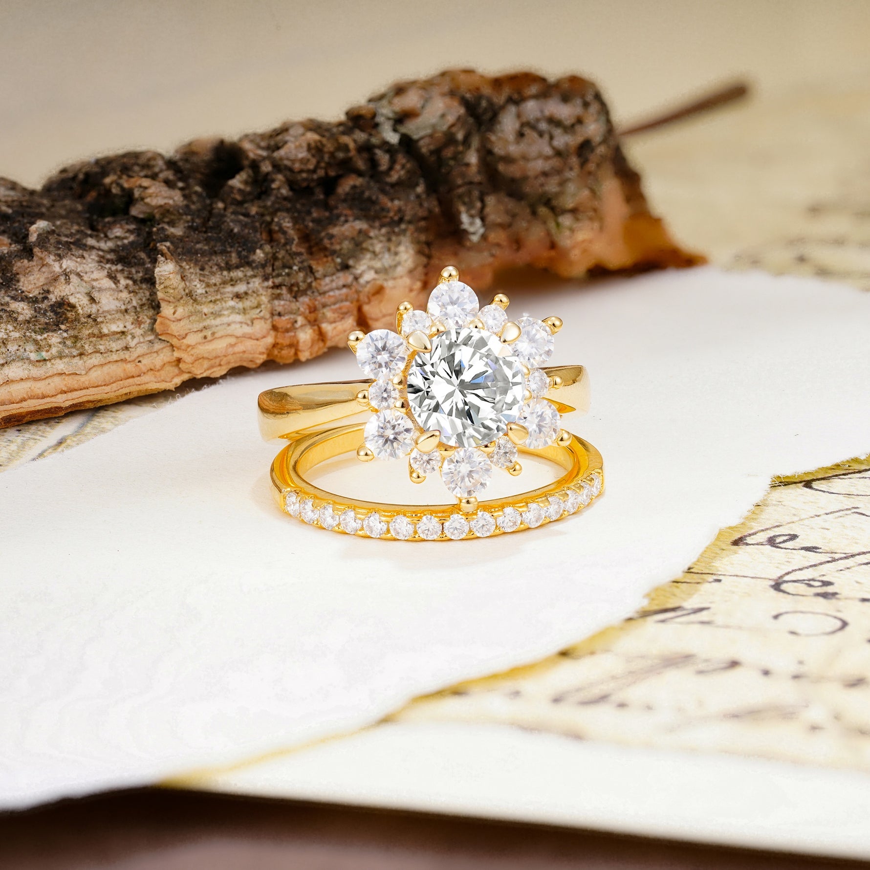 Natural Inspiration Flower Shape 4-Prong Round Cut Lab Diamond Wedding Bride Ring Set - Additional view