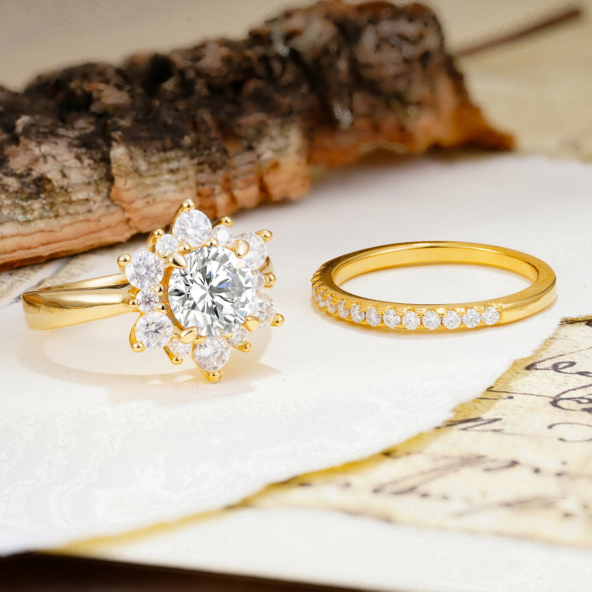 Natural Inspiration Flower Shape 4-Prong Round Cut Lab Diamond Wedding Bride Ring Set - Additional view