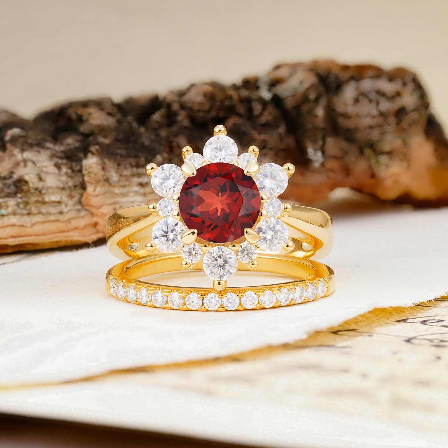 Natural Inspiration Flower Shape 4-Prong Round Cut Garnet Wedding Bride Ring Set - Additional view