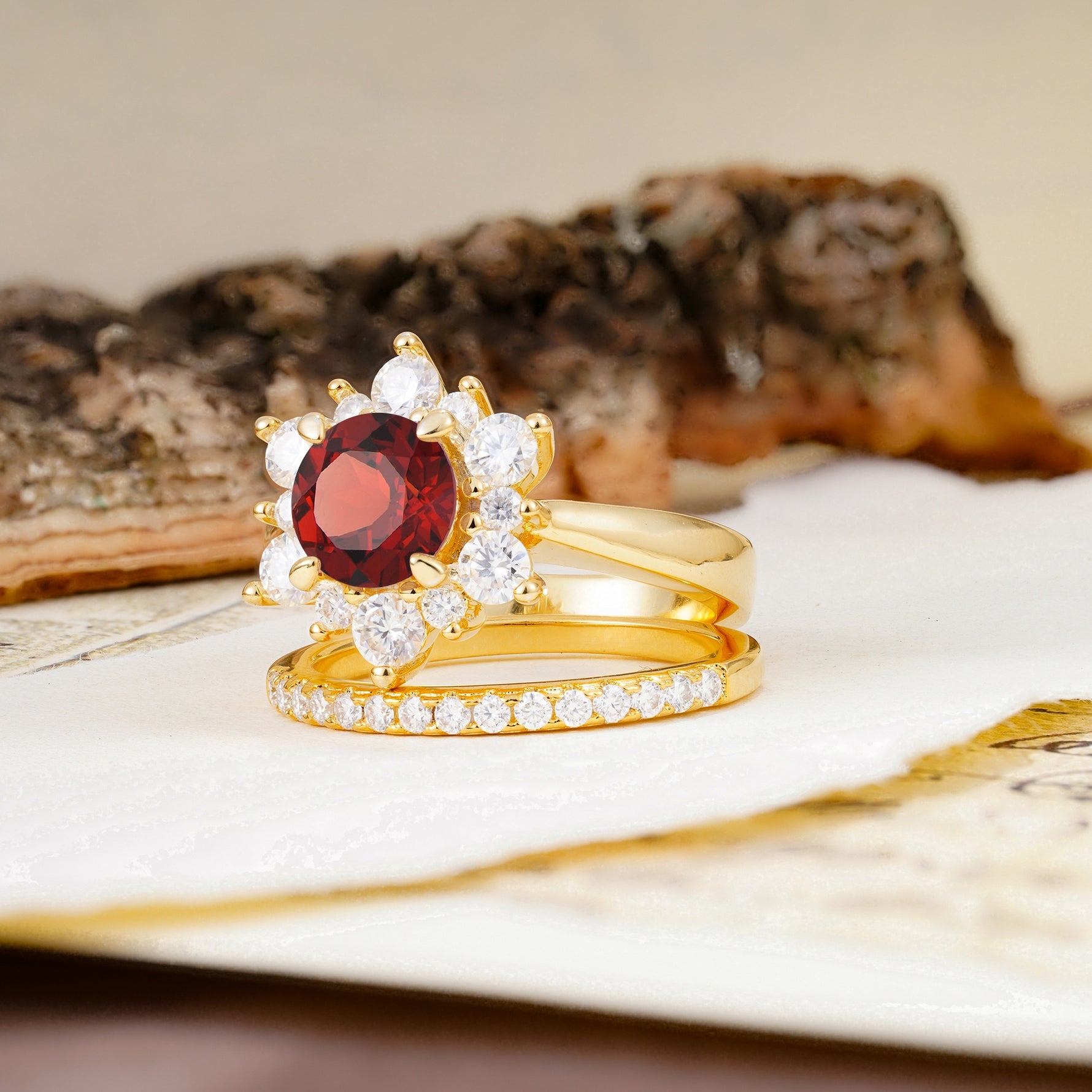 Natural Inspiration Flower Shape 4-Prong Round Cut Garnet Wedding Bride Ring Set - Additional view