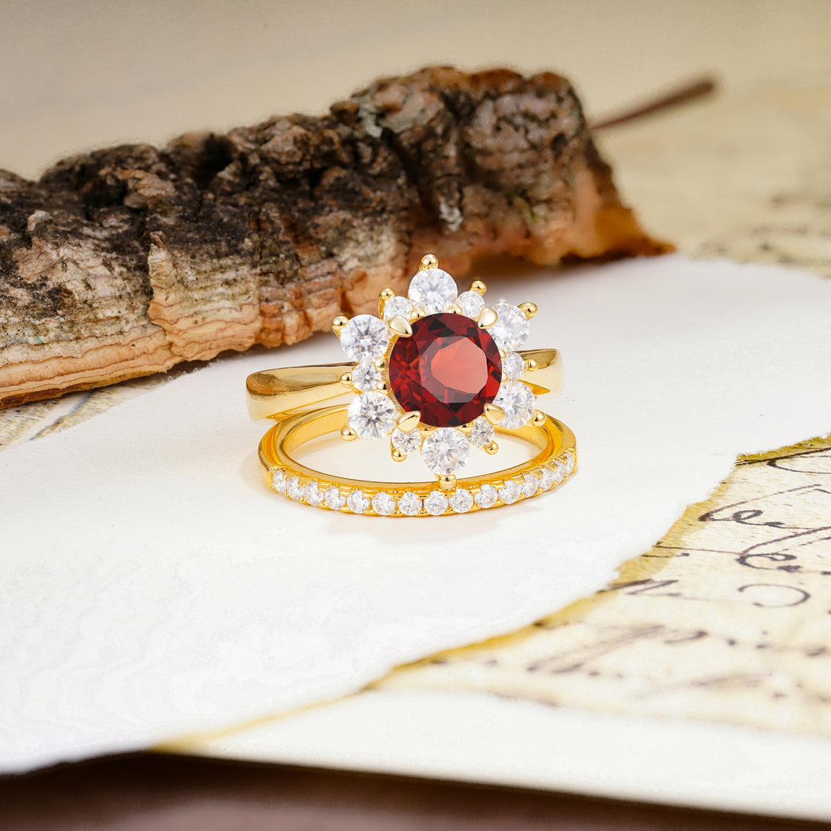 Natural Inspiration Flower Shape 4-Prong Round Cut Garnet Wedding Bride Ring Set - Additional view