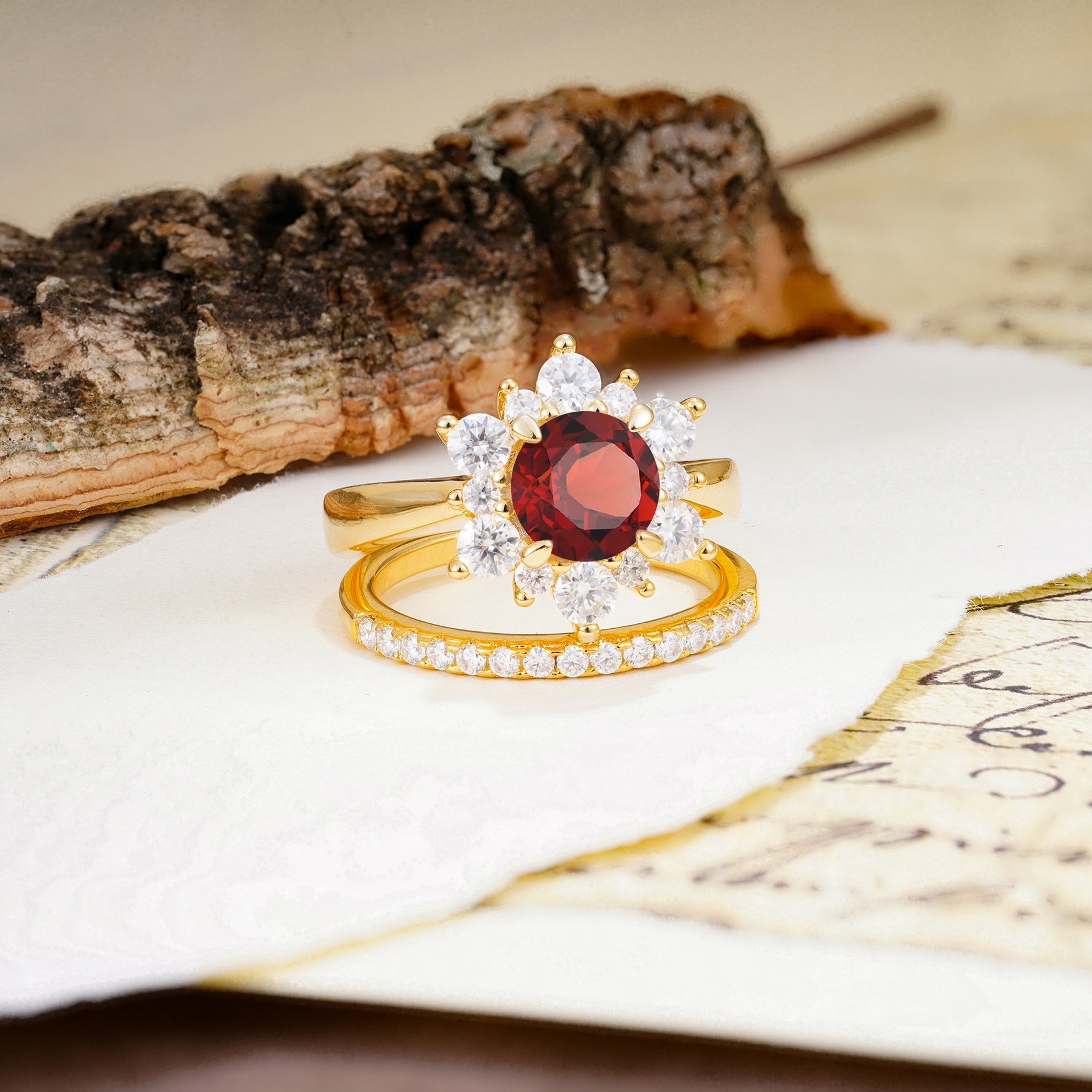 Natural Inspiration Flower Shape 4-Prong Round Cut Garnet Wedding Bride Ring Set - Additional view