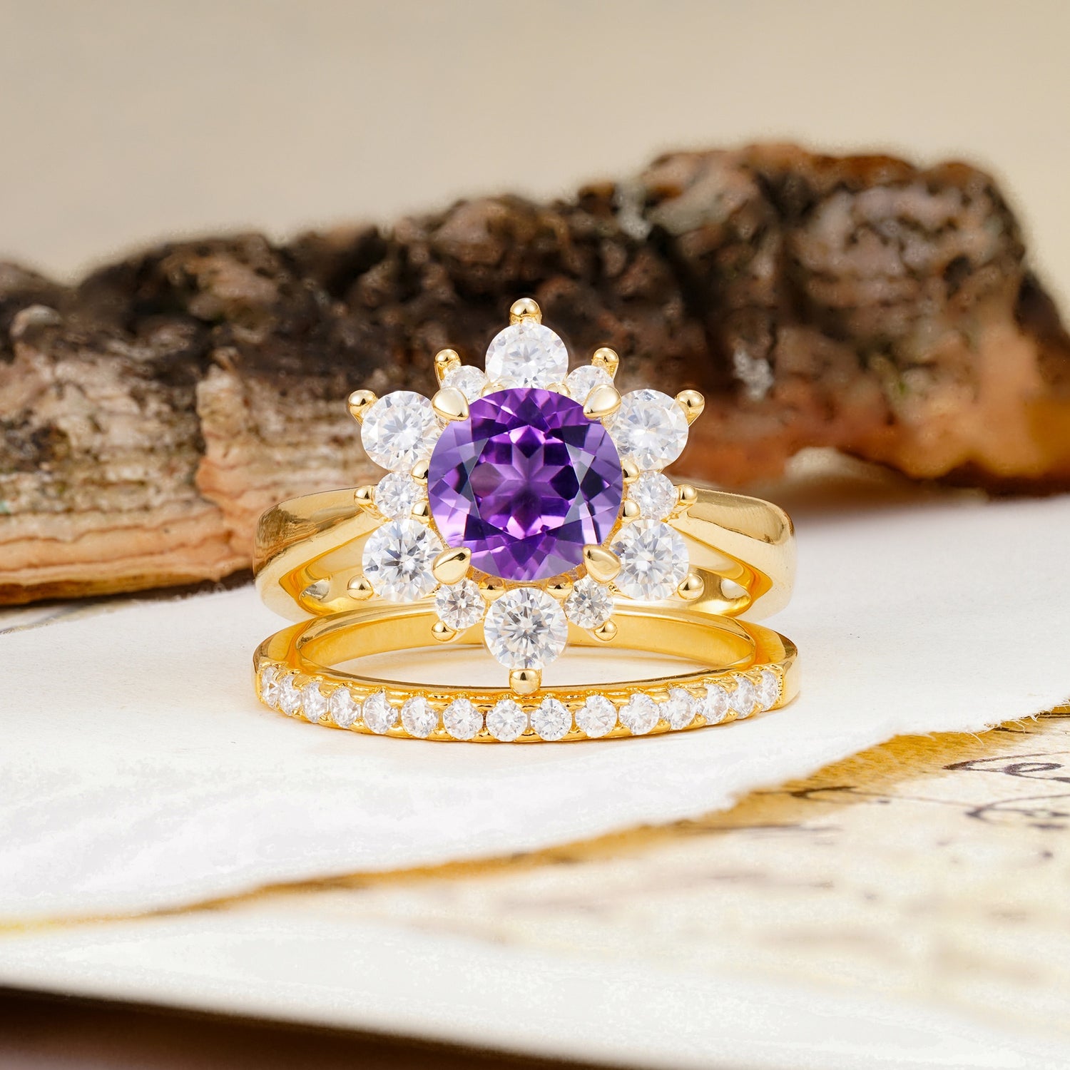 Natural Inspiration Flower Shape 4-Prong Round Cut Amethyst Wedding Bride Ring Set - Additional view