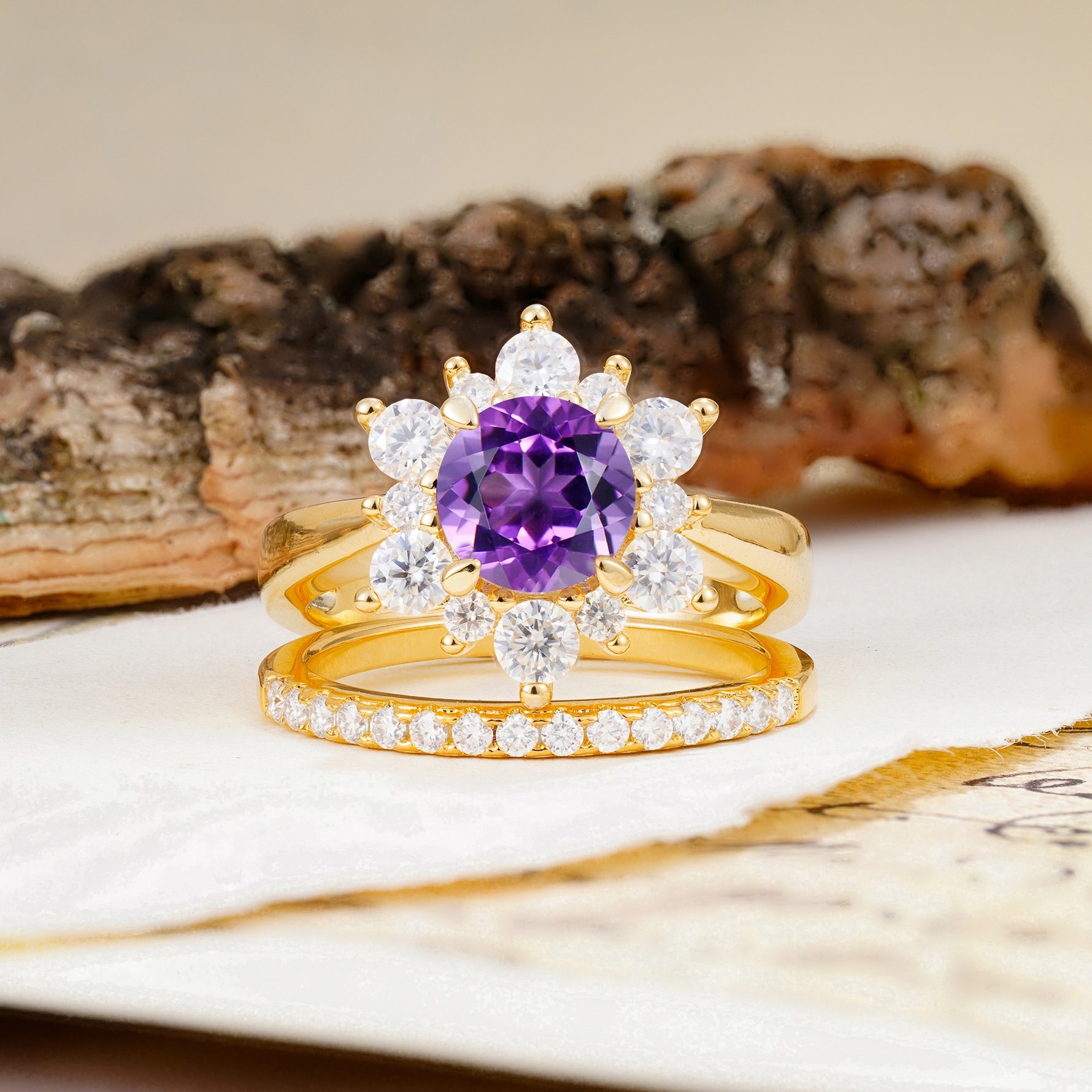 Natural Inspiration Flower Shape 4-Prong Round Cut Amethyst Wedding Bride Ring Set - Additional view