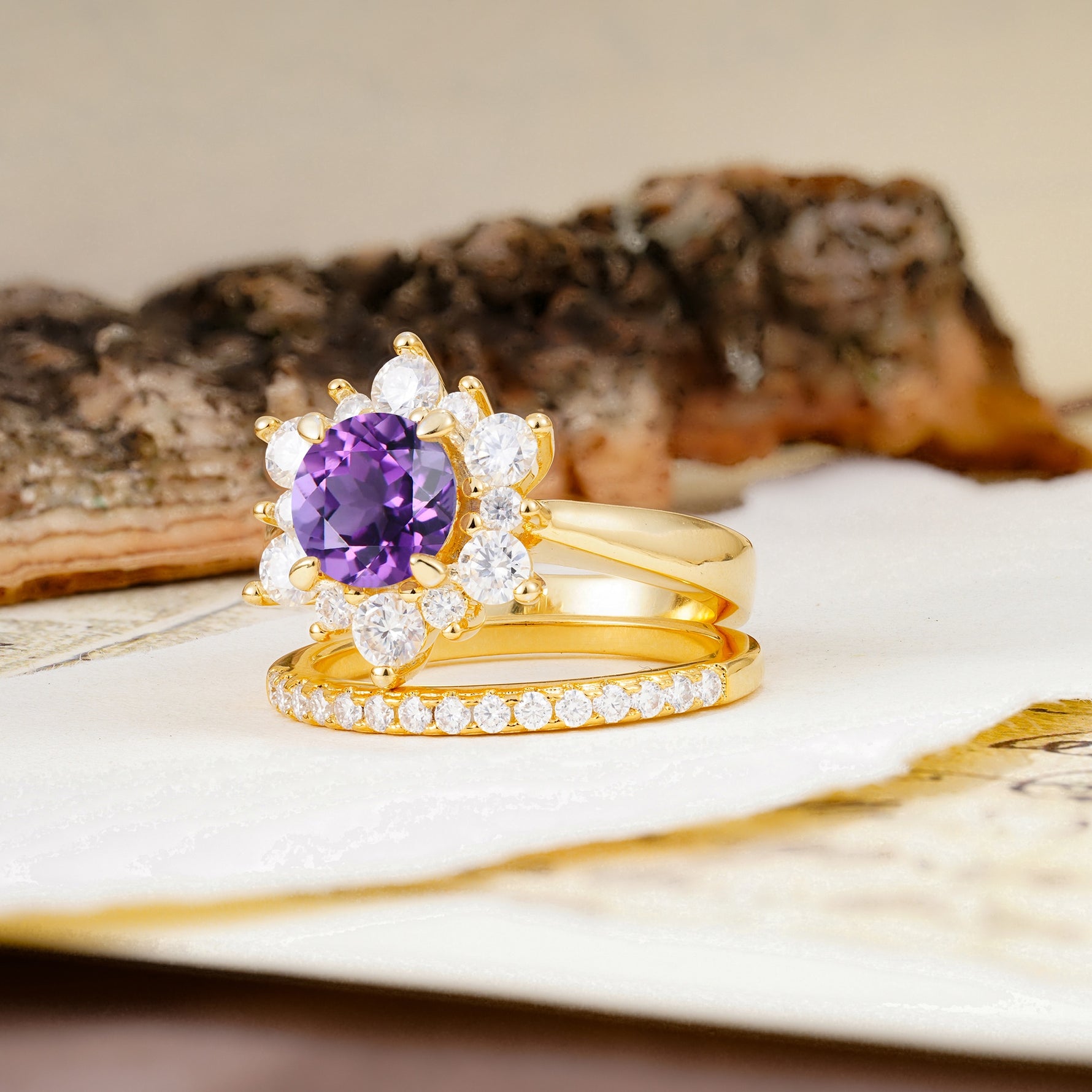 Natural Inspiration Flower Shape 4-Prong Round Cut Amethyst Wedding Bride Ring Set - Additional view