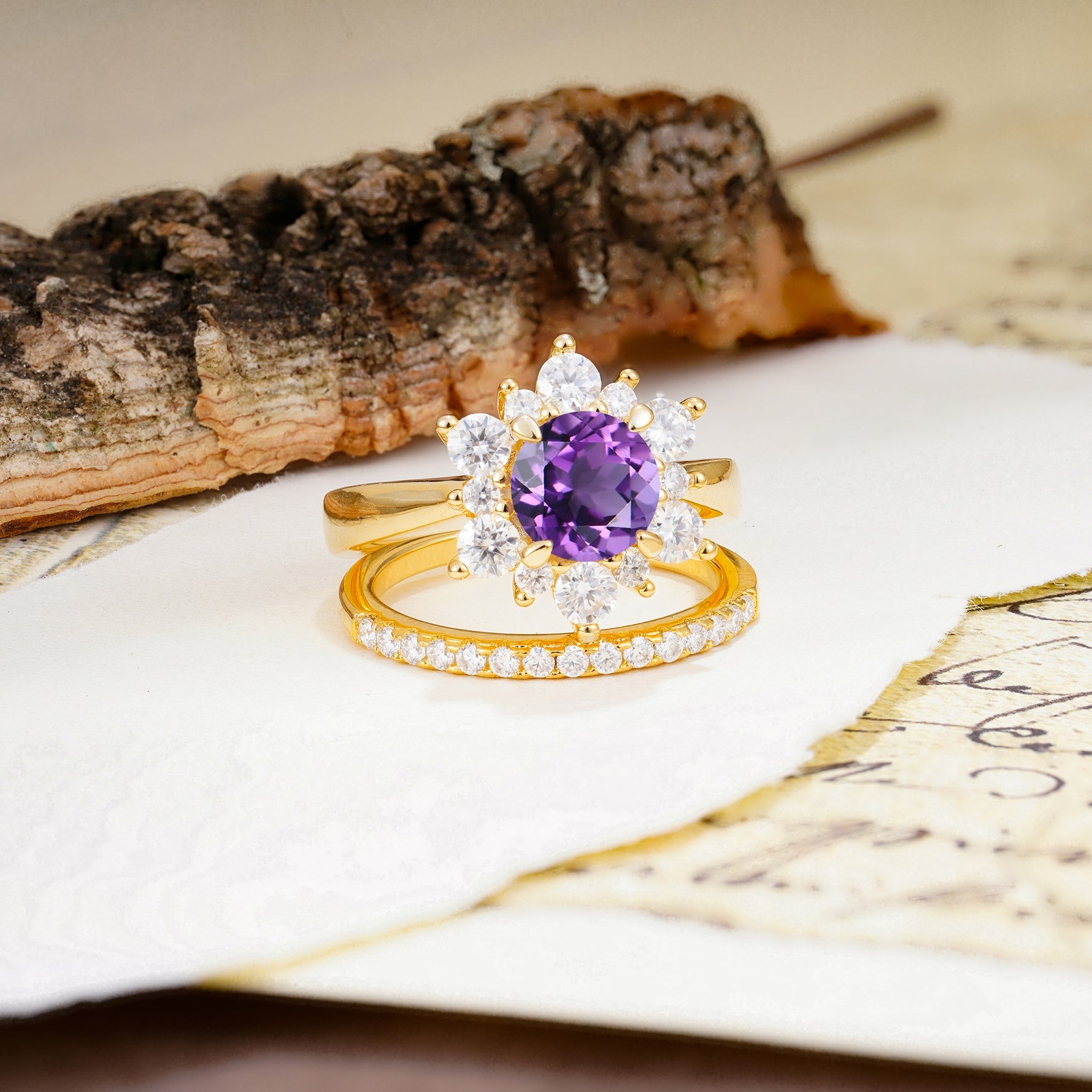 Natural Inspiration Flower Shape 4-Prong Round Cut Amethyst Wedding Bride Ring Set - Additional view
