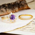 Natural Inspiration Flower Shape 4-Prong Round Cut Amethyst Wedding Bride Ring Set - Additional view