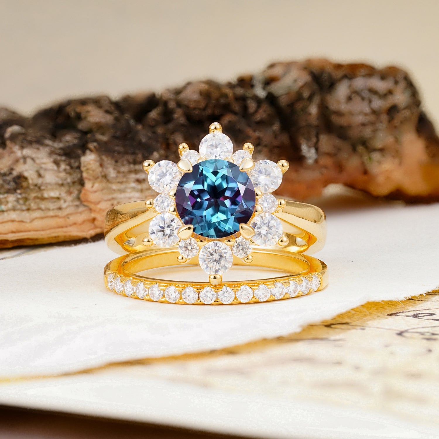 Natural Inspiration Flower Shape 4-Prong Round Cut Alexandrite Wedding Bride Ring Set - Additional view