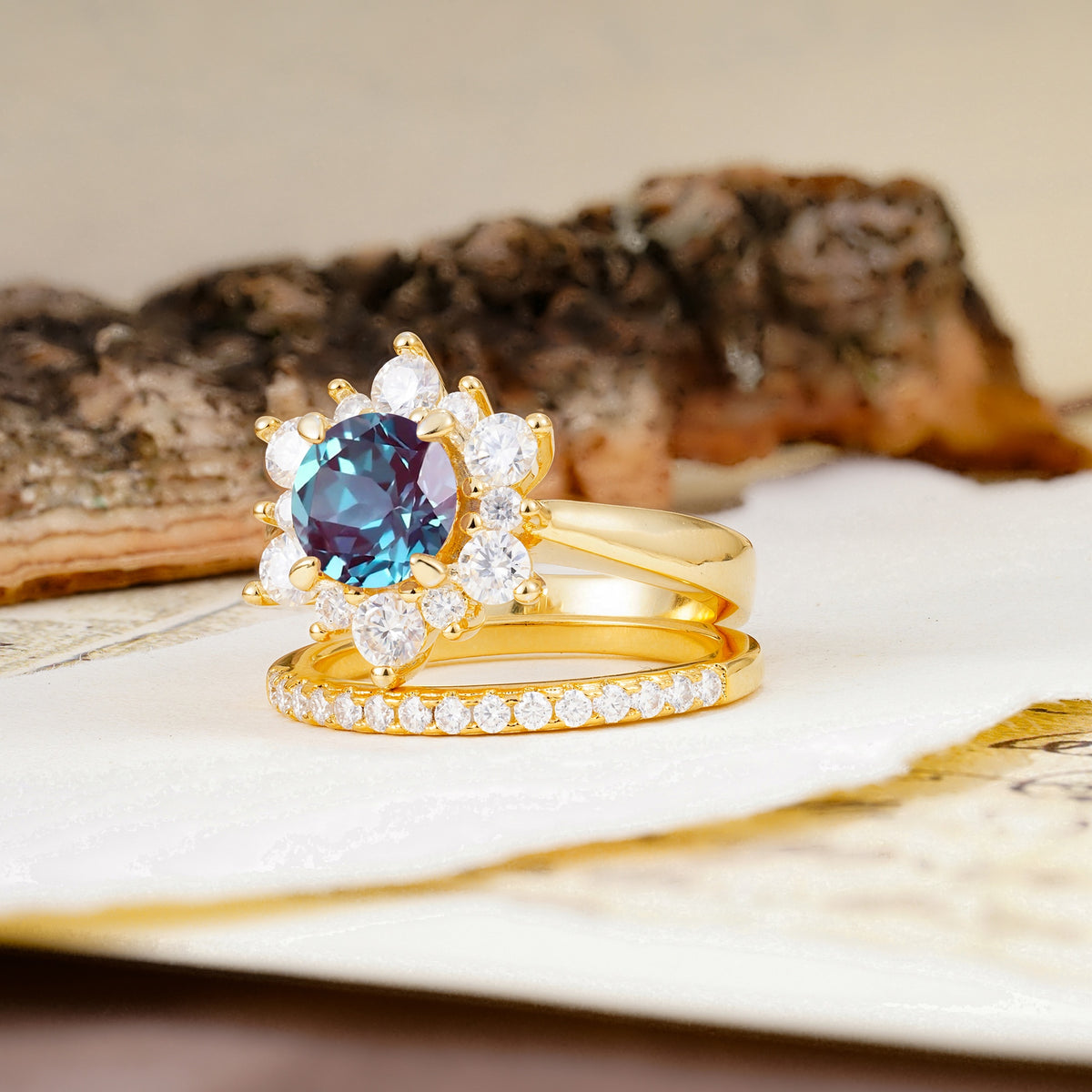 Natural Inspiration Flower Shape 4-Prong Round Cut Alexandrite Wedding Bride Ring Set - Additional view