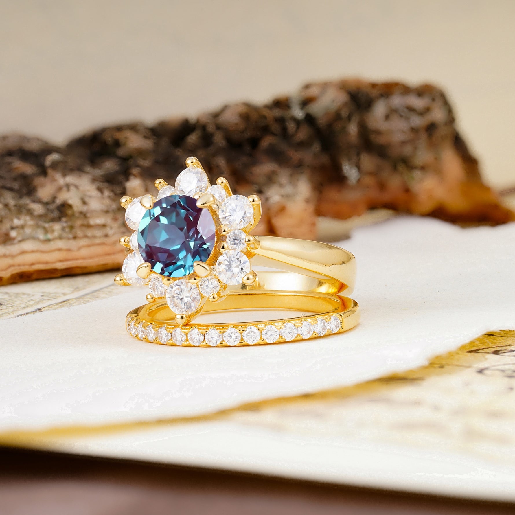 Natural Inspiration Flower Shape 4-Prong Round Cut Alexandrite Wedding Bride Ring Set - Additional view