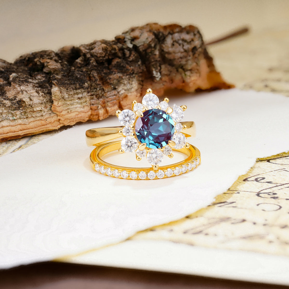 Natural Inspiration Flower Shape 4-Prong Round Cut Alexandrite Wedding Bride Ring Set - Additional view