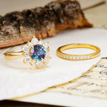 Natural Inspiration Flower Shape 4-Prong Round Cut Alexandrite Wedding Bride Ring Set - Additional view
