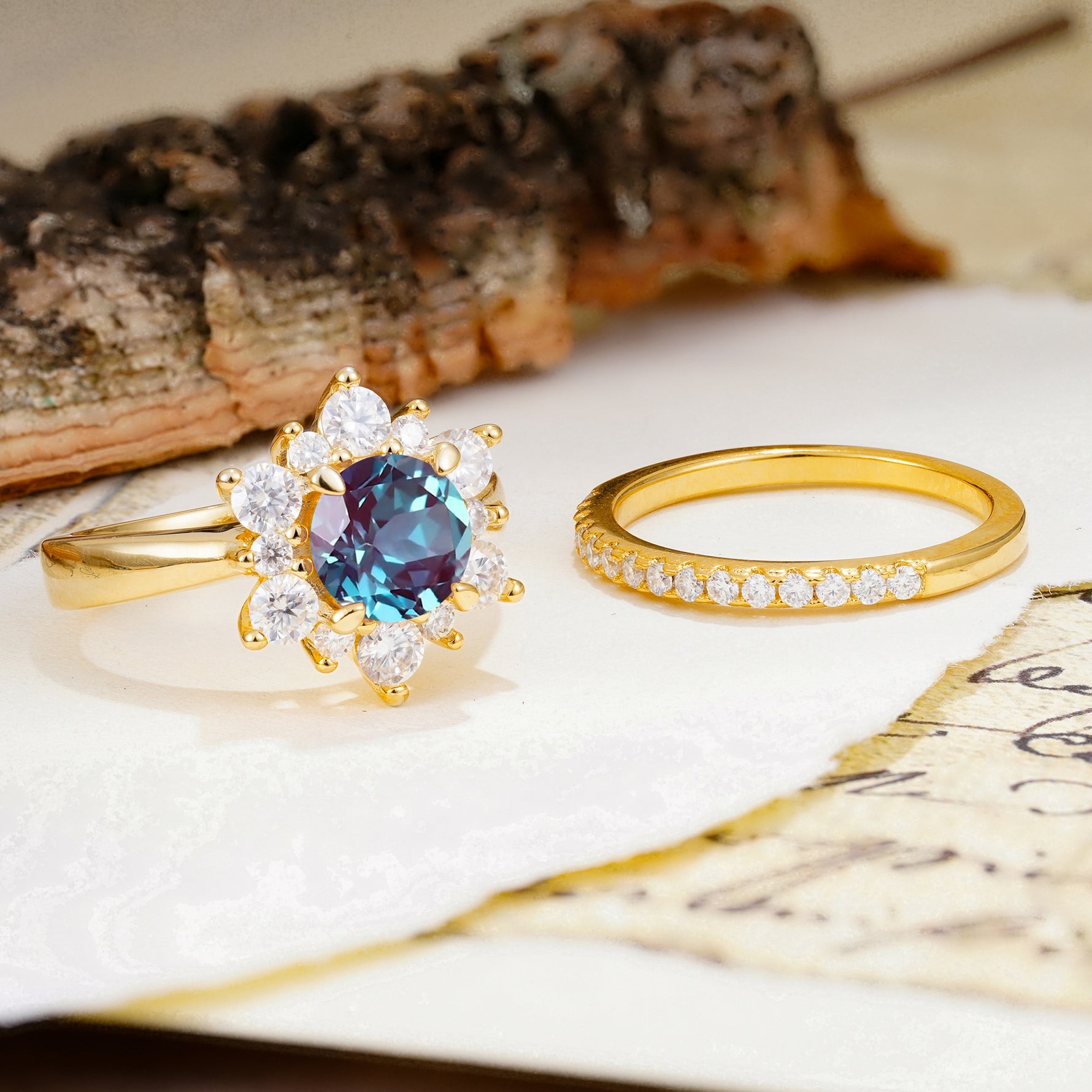 Natural Inspiration Flower Shape 4-Prong Round Cut Alexandrite Wedding Bride Ring Set - Additional view