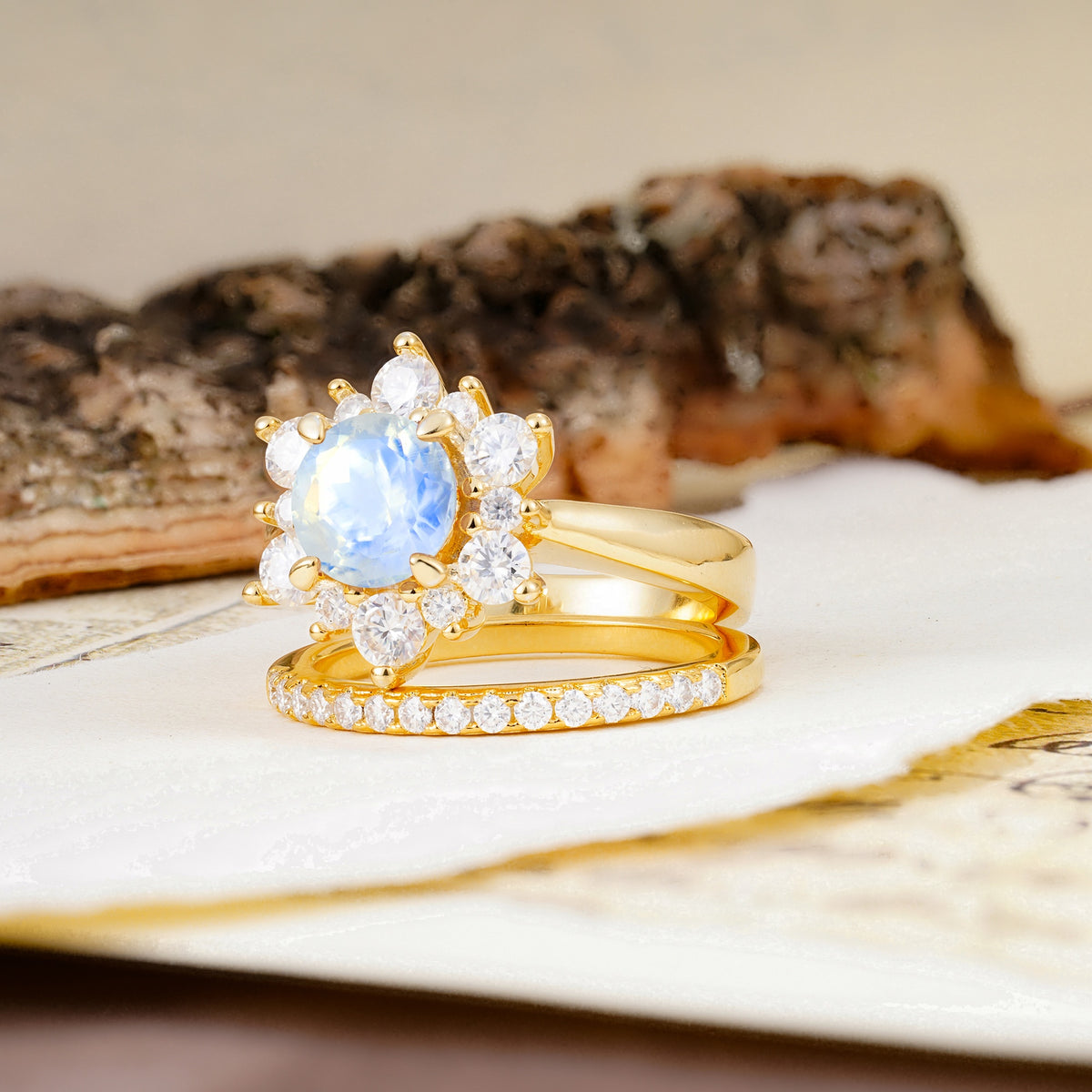 Natural Inspiration Flower Shape 4-Prong Round Cut Moonstone Wedding Bride Ring Set - Additional view