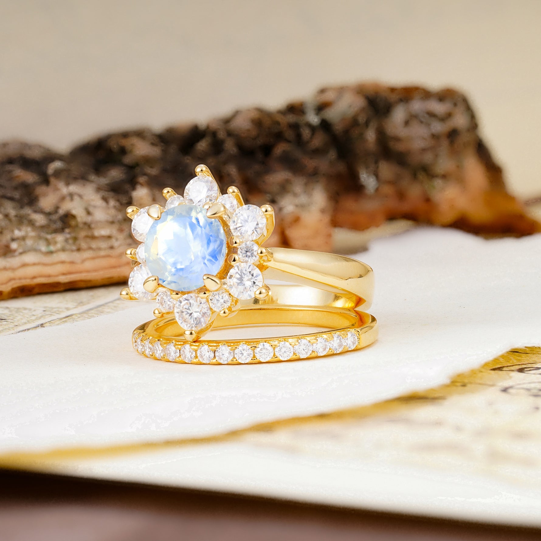 Natural Inspiration Flower Shape 4-Prong Round Cut Moonstone Wedding Bride Ring Set - Additional view