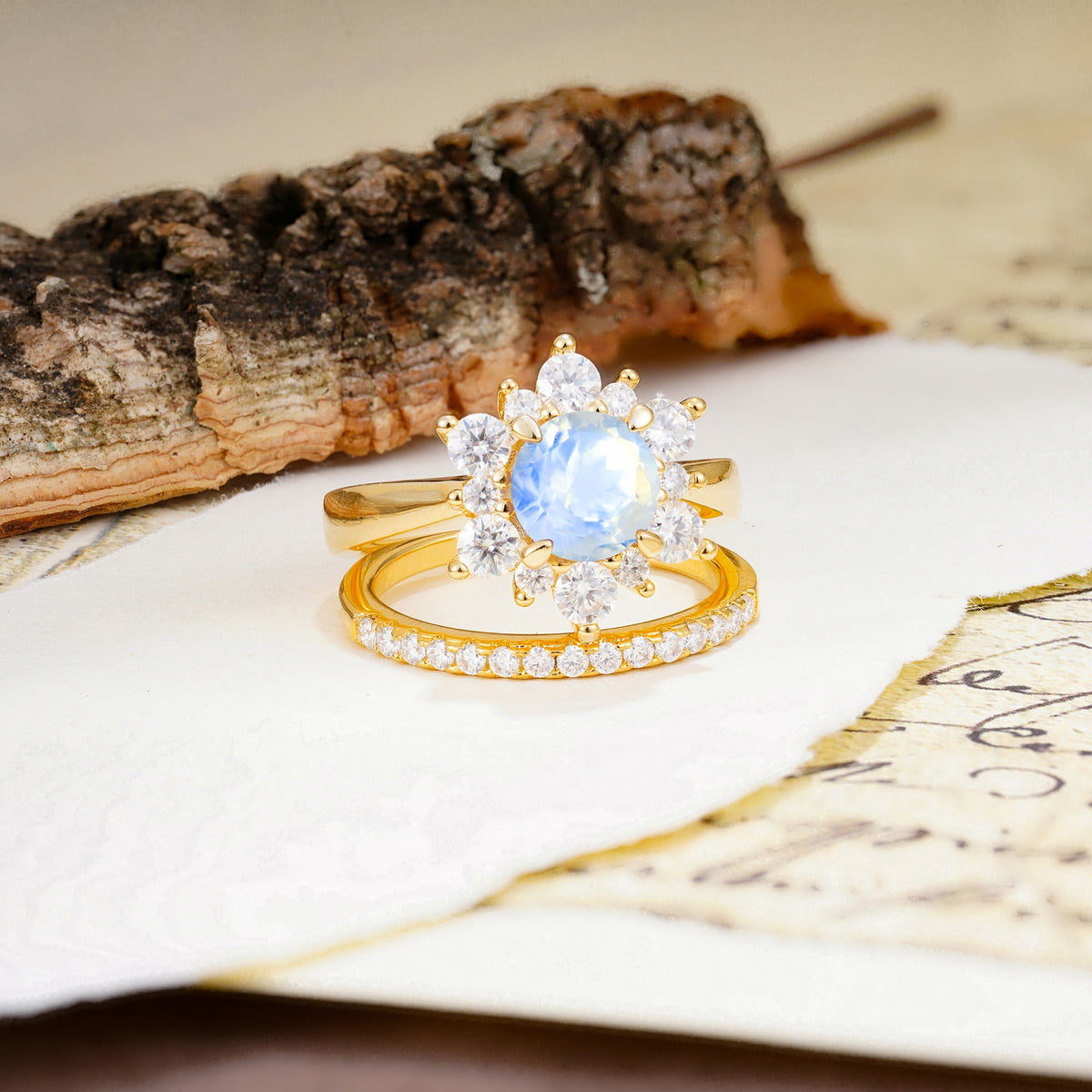 Natural Inspiration Flower Shape 4-Prong Round Cut Moonstone Wedding Bride Ring Set - Additional view
