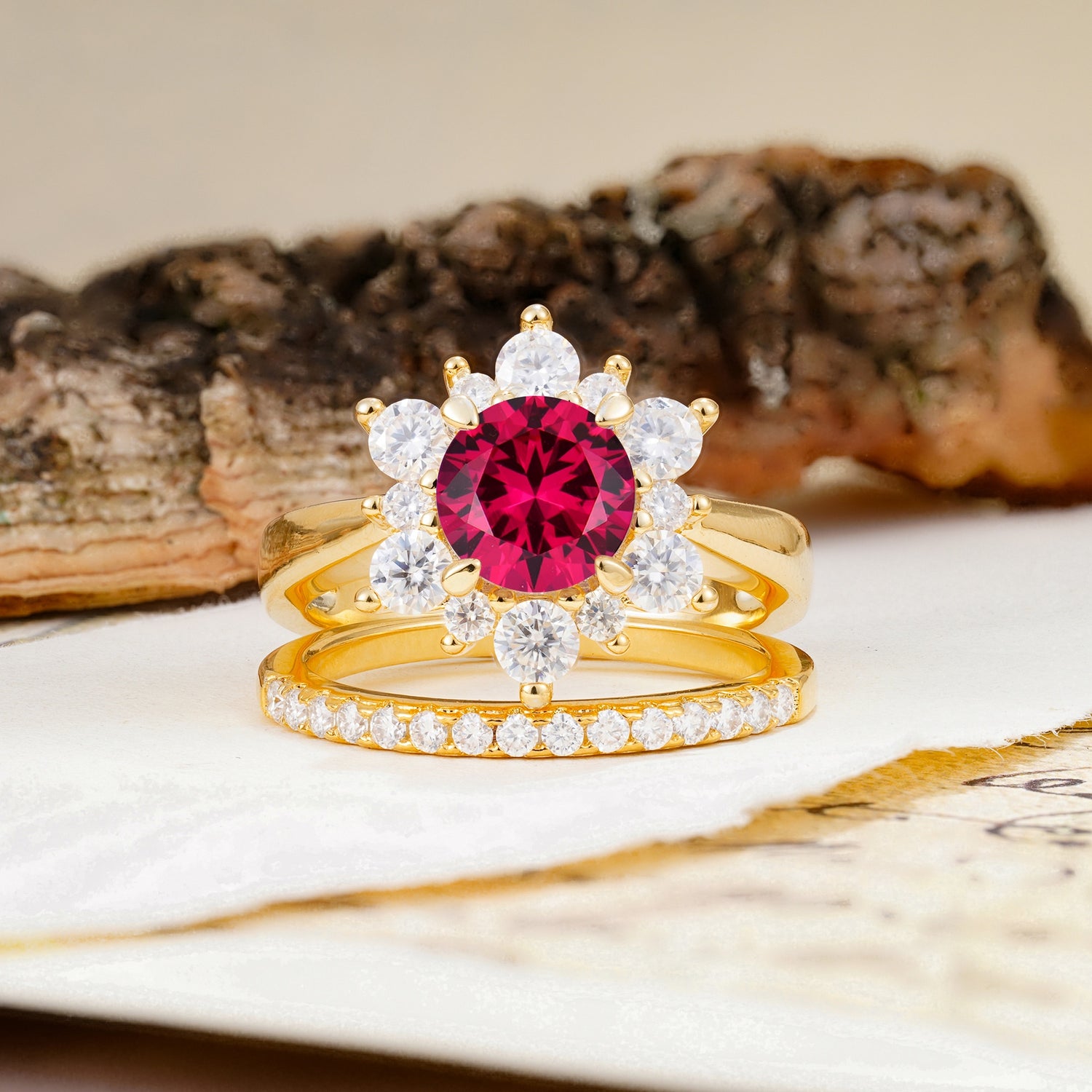 Natural Inspiration Flower Shape 4-Prong Round Cut Ruby Wedding Bride Ring Set - Additional view