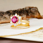 Natural Inspiration Flower Shape 4-Prong Round Cut Ruby Wedding Bride Ring Set - Additional view