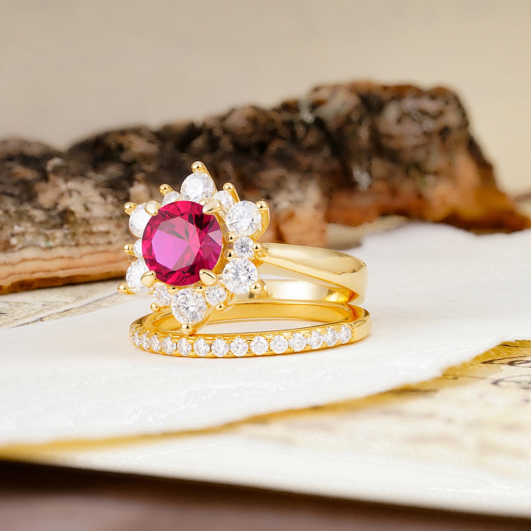 Natural Inspiration Flower Shape 4-Prong Round Cut Ruby Wedding Bride Ring Set - Additional view