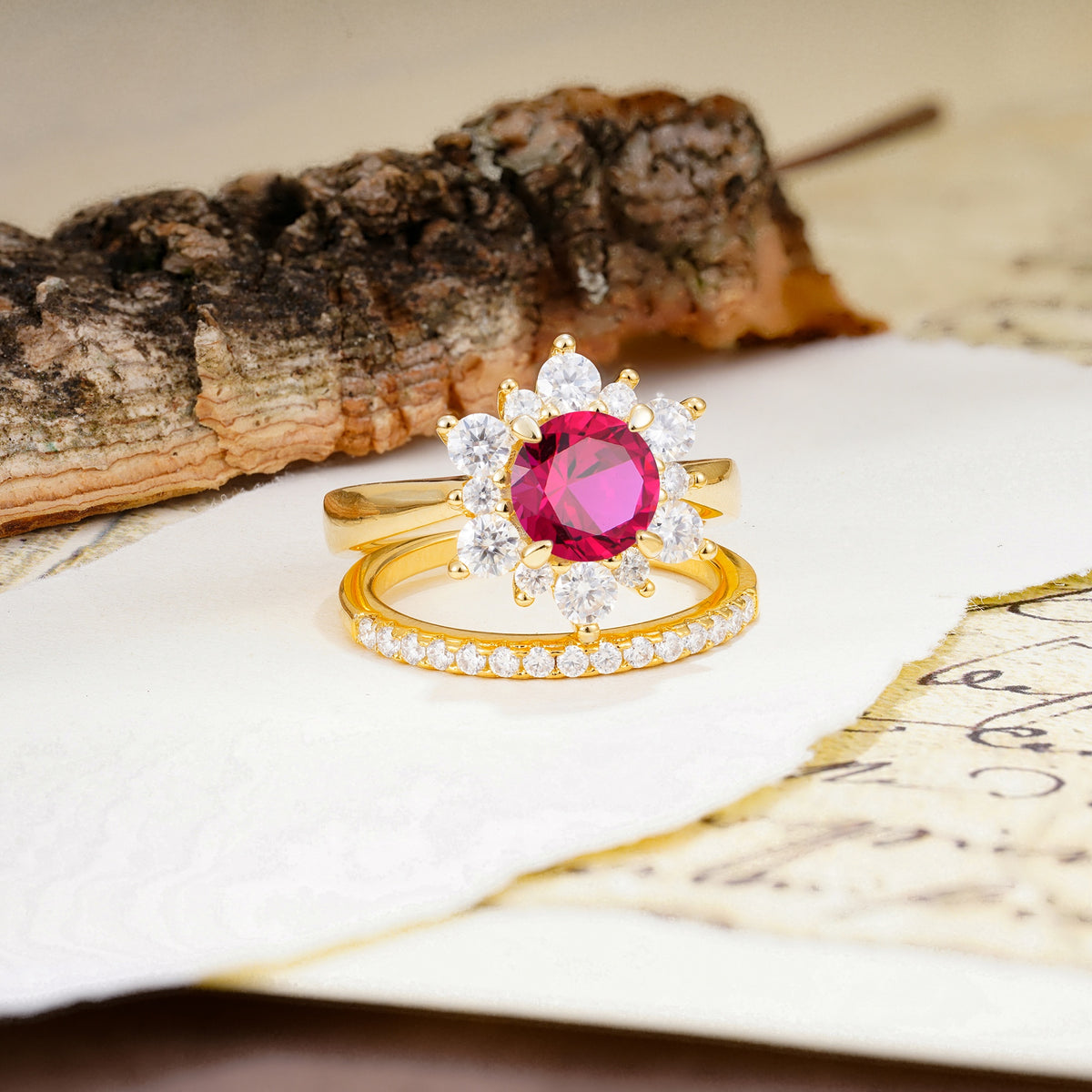 Natural Inspiration Flower Shape 4-Prong Round Cut Ruby Wedding Bride Ring Set - Additional view